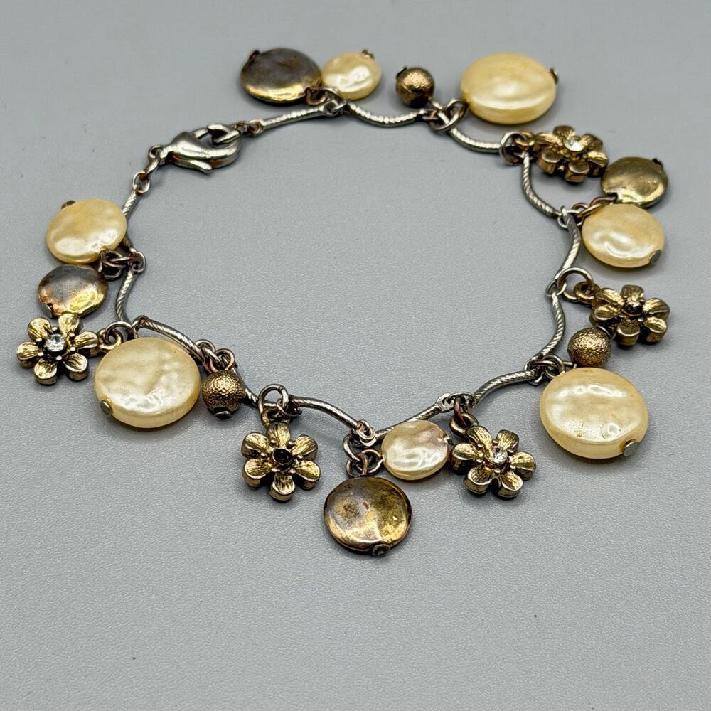 Vintage Mixed Metal Floral Pearl Charm Bracelet - Picture 2 of 3